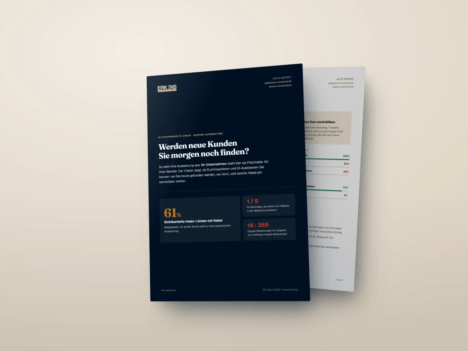 Muster-Auswertung des KI-Sichtbarkeits-Checks: Deckblatt mit Sichtbarkeits-Index und Auswertungsseite mit Ampel-Bewertung